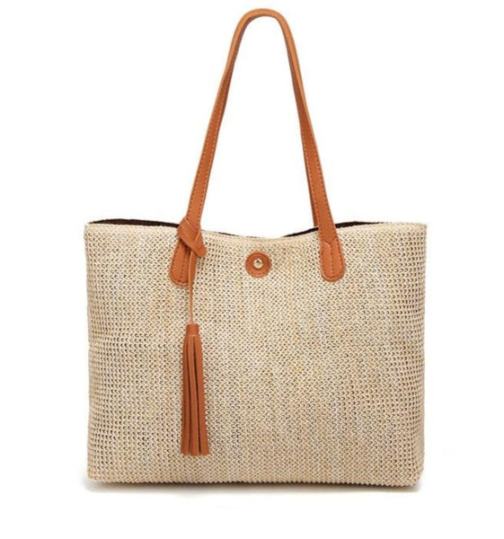 Women's High Class Large Capacity Straw Leather Tote