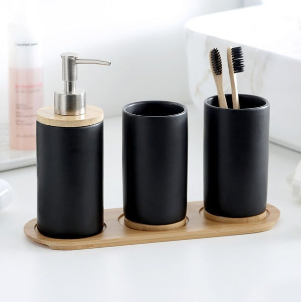 Elegant Minimalist Genuine Ceramic Natural Bamboo Bathroom Set