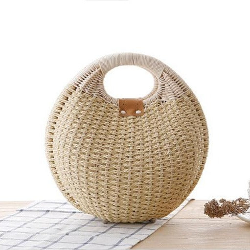 Women's Circular Shell-Shaped Top Handle Straw Handbag