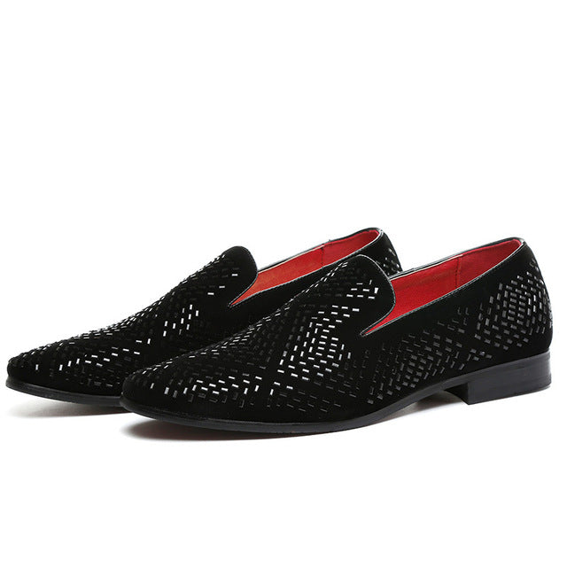 Men's Velvet Leather Loafers with Handmade Rhinestone Accenting