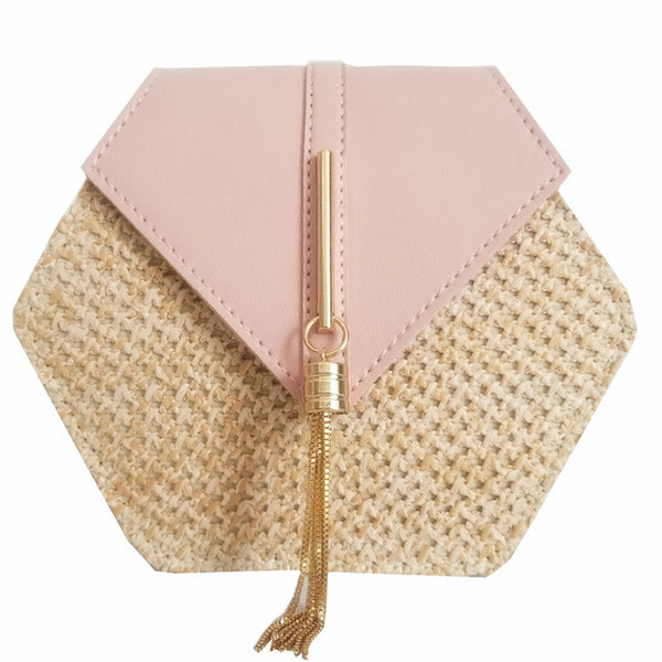 Handmade Hexagon Straw + Leather Handbag