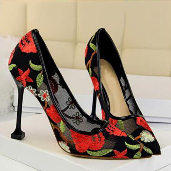 Rose Floral Embroidered Mesh Pumps