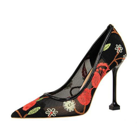 Rose Floral Embroidered Mesh Pumps