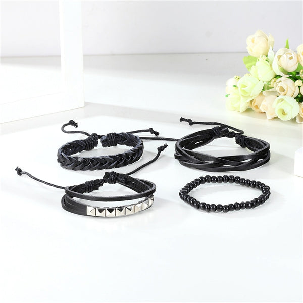 Men's Genuine Black Leather Fashion Bracelet Bundle (4 Bracelets)