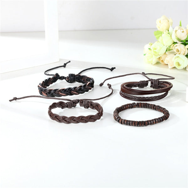 Men's Genuine Brown Leather Fashion Bracelet Bundle (4 Bracelets)