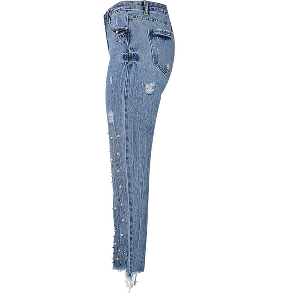 Women's Pearl Accented Embroidered Denim Jeans