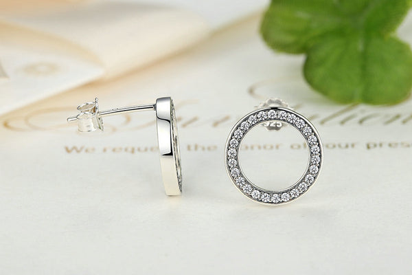 Elegant Circular Sterling Silver Diamond Stud Earrings