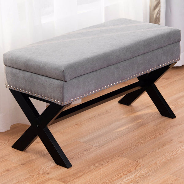 Modern Elegant Hand Upholstered Fabric Living Bench w Interior Chest