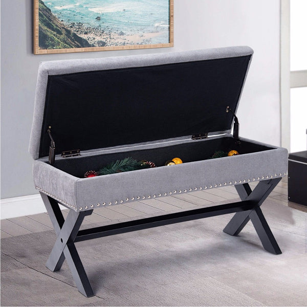 Modern Elegant Hand Upholstered Fabric Living Bench w Interior Chest