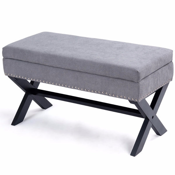 Modern Elegant Hand Upholstered Fabric Living Bench w Interior Chest