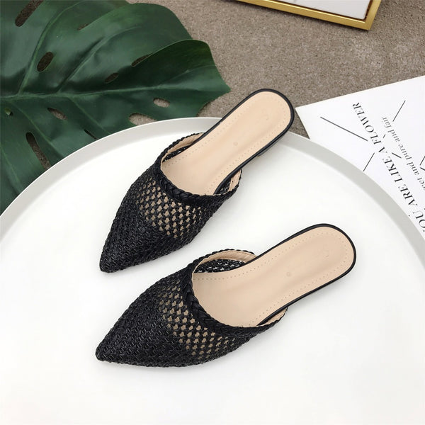 Women's Hand-Woven Cane Low Heel Mule Loafers