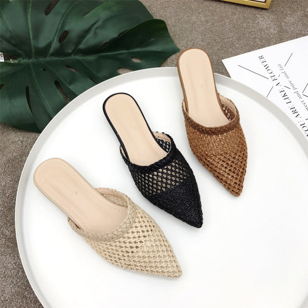 Women's Hand-Woven Cane Low Heel Mule Loafers