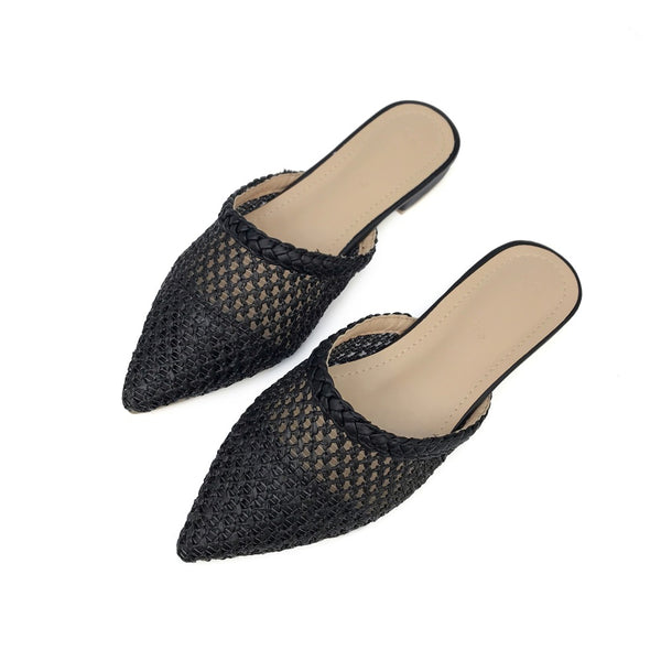 Women's Hand-Woven Cane Low Heel Mule Loafers