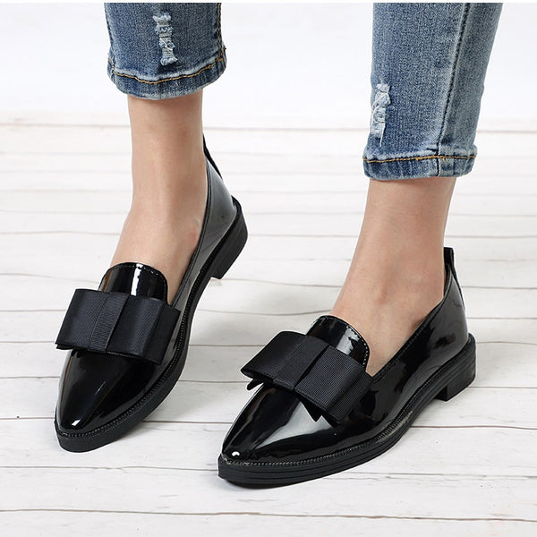 Modern Sleek Fabric Bow Mirror Leather Loafers