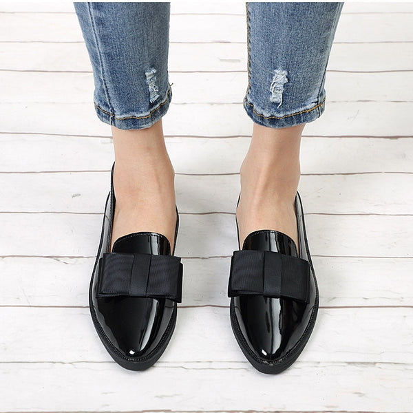 Modern Sleek Fabric Bow Mirror Leather Loafers