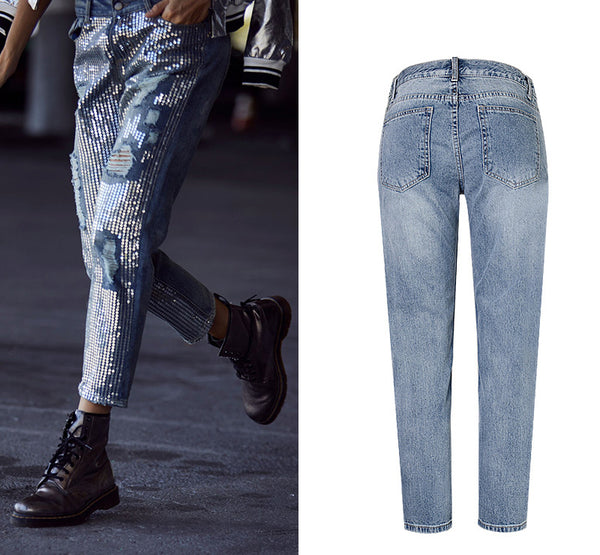 European Styled Straight Jeans w Sequin Embroidery