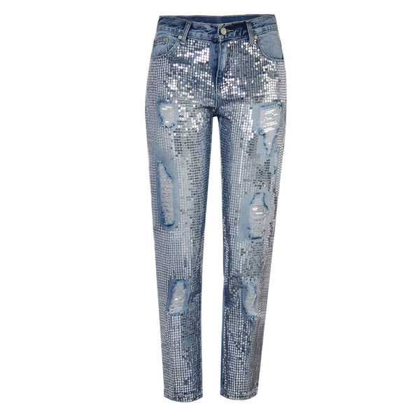 European Styled Straight Jeans w Sequin Embroidery