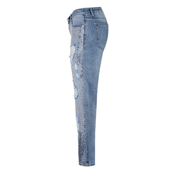 European Styled Straight Jeans w Sequin Embroidery