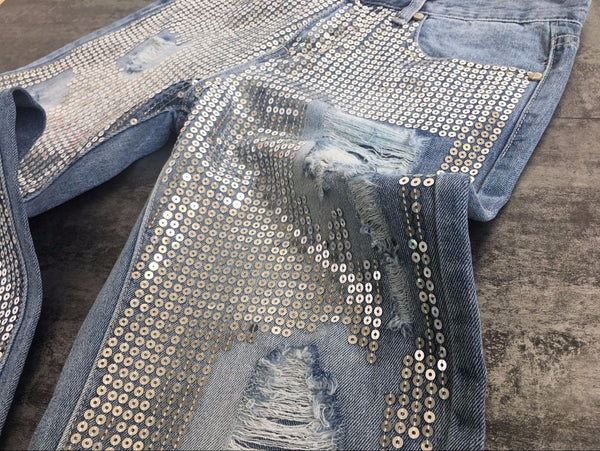 European Styled Straight Jeans w Sequin Embroidery