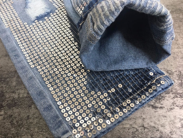 European Styled Straight Jeans w Sequin Embroidery