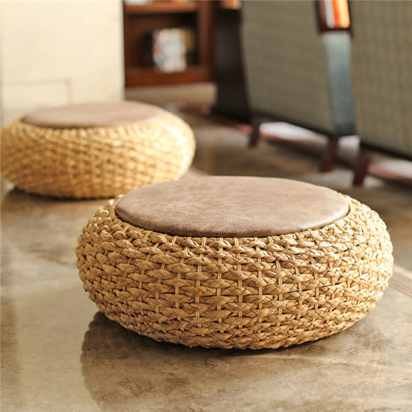 Luxurious Handmade Rattan Wicker Leather Cushion Floor Pouf