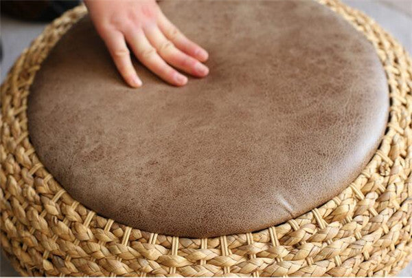 Luxurious Handmade Rattan Wicker Leather Cushion Floor Pouf