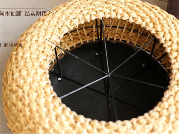 Luxurious Handmade Rattan Wicker Leather Cushion Floor Pouf