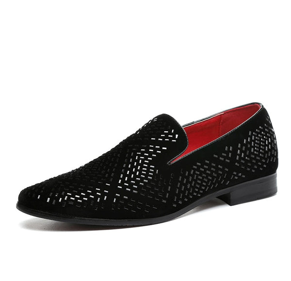 Men's Velvet Leather Loafers with Handmade Rhinestone Accenting