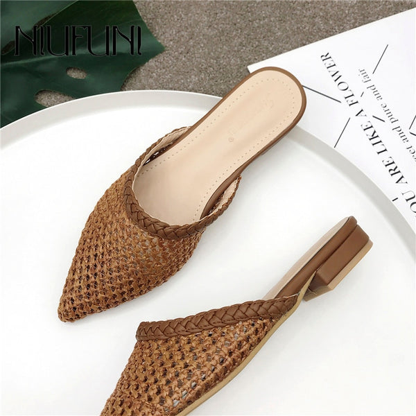 Women's Hand-Woven Cane Low Heel Mule Loafers