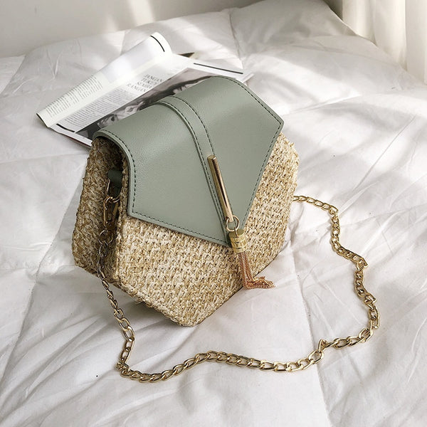 Handmade Hexagon Straw + Leather Handbag