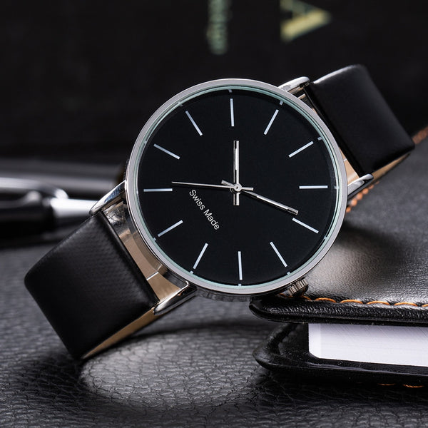 Men's Sleek Modern Slim Faced Leather Band Watch