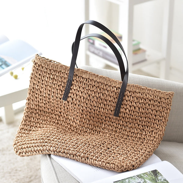 Hand-Knitted Large Boho Chic Straw Tote