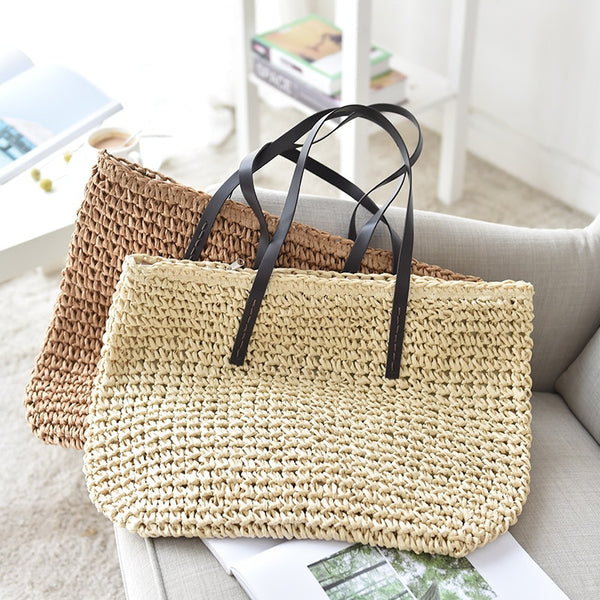 Hand-Knitted Large Boho Chic Straw Tote