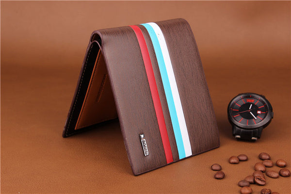 Luxury Striped Men's Tri Fold Wallet w Multi Compartment