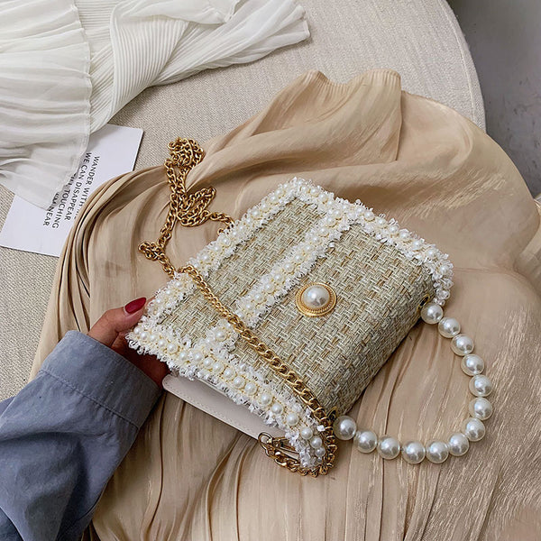 Elegant Wool-Crafted Pearl Accented Handbag