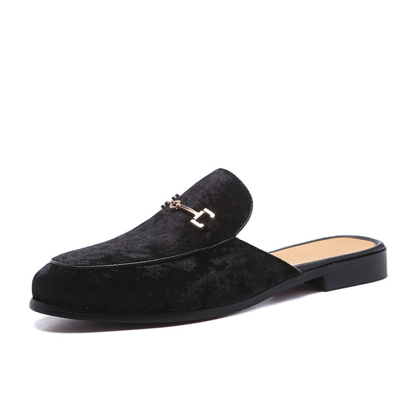 Men's High Fashion Backless Black Velvet Suede Buckle Loafers