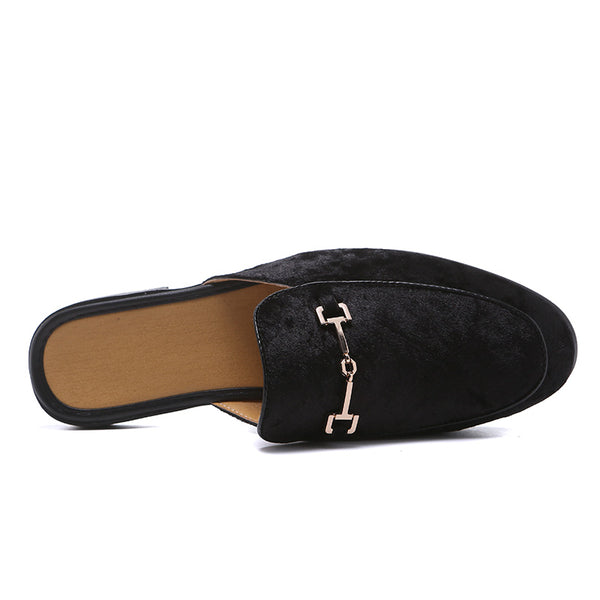 Men's High Fashion Backless Black Velvet Suede Buckle Loafers