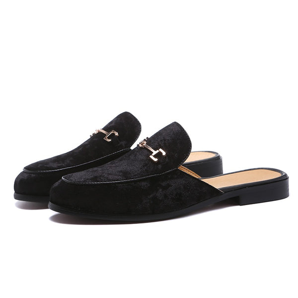 Men's High Fashion Backless Black Velvet Suede Buckle Loafers