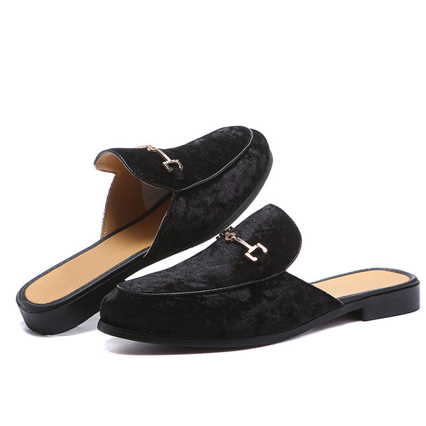 Men's High Fashion Backless Black Velvet Suede Buckle Loafers