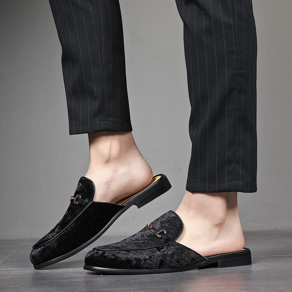 Men's High Fashion Backless Black Velvet Suede Buckle Loafers