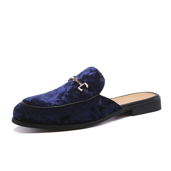 Men's High Fashion Backless Blue Velvet Suede Buckle Loafers