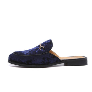 Men's High Fashion Backless Blue Velvet Suede Buckle Loafers