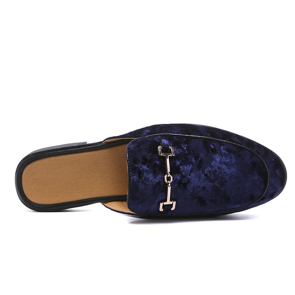 Men's High Fashion Backless Blue Velvet Suede Buckle Loafers