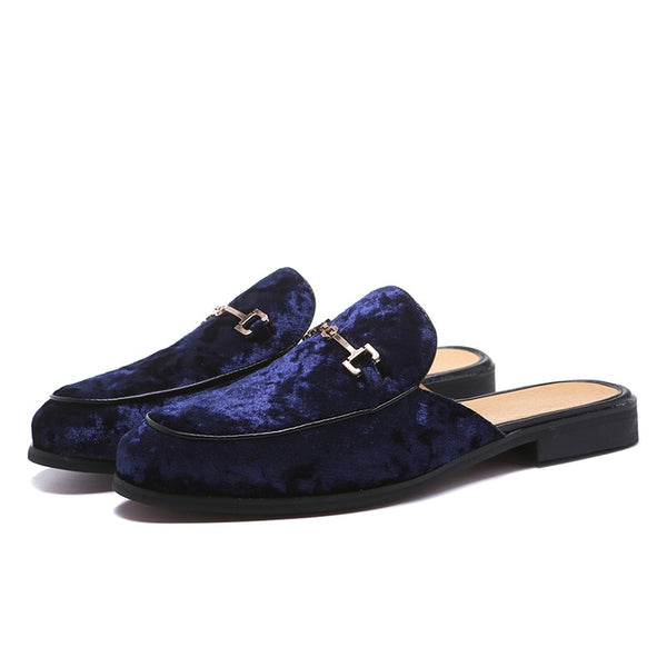 Men's High Fashion Backless Blue Velvet Suede Buckle Loafers