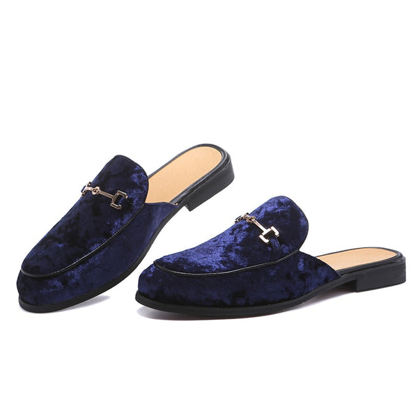 Men's High Fashion Backless Blue Velvet Suede Buckle Loafers