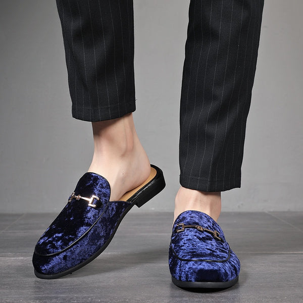 Men's High Fashion Backless Blue Velvet Suede Buckle Loafers