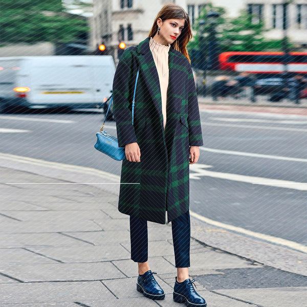 Green Lattice Plaid Luxury Wool Long Coat