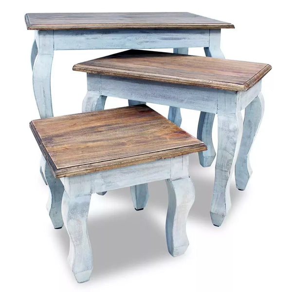 3Pcs Set of Luxury Wooden Nesting Tables in Baby Blue