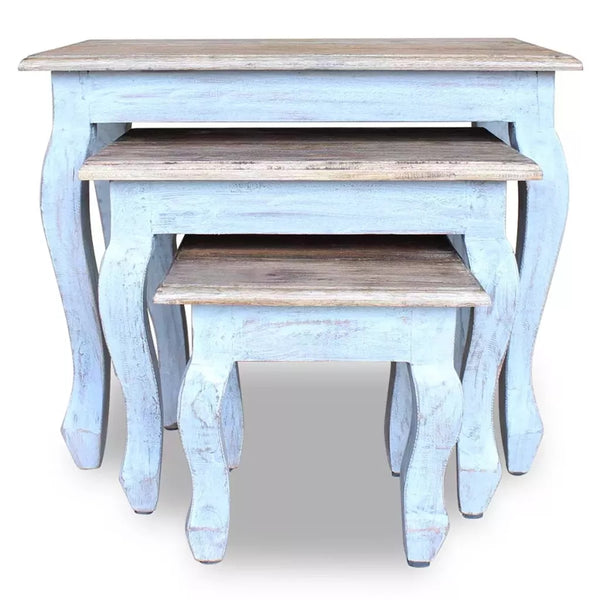 3Pcs Set of Luxury Wooden Nesting Tables in Baby Blue