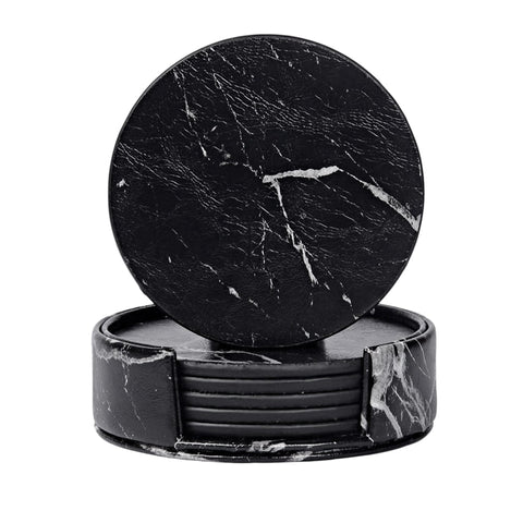 Luxury 6-set Designer Black Marble Leather Table Coasters